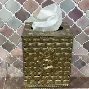 Vintage Brass Tone Woven Metal Tissue Box Cover‎ Strawberry Floral